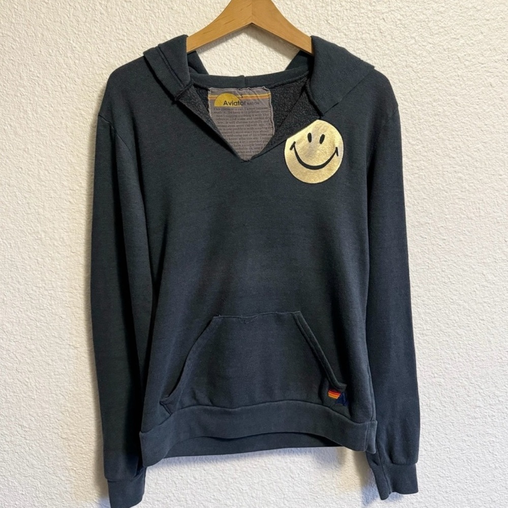 Aviator Nation Smiley Face Gold Foil Hoodie Gray/Blue Unisex S